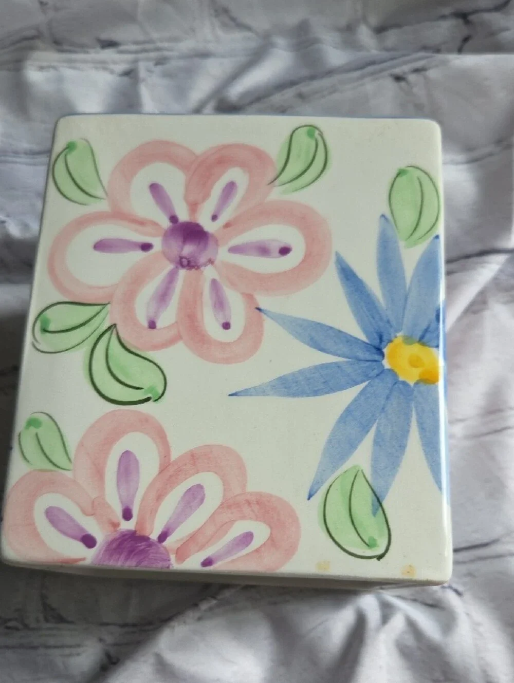 Vintage Floral Ceramic Tissue Box Cover - Blue & Pink Flowers. Made In Portugal
